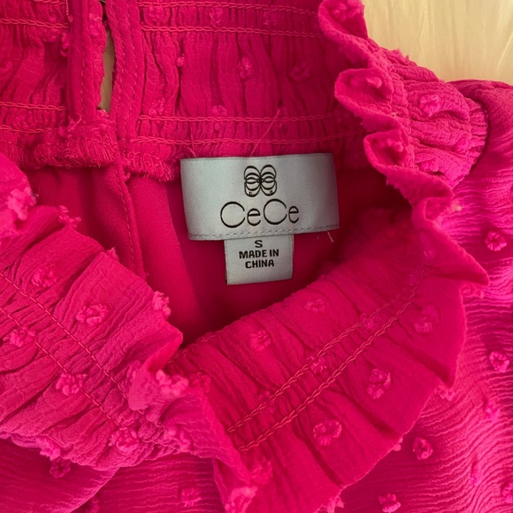 CeCe Clip Dot Ruffle Mock Neck Crepe Top in Magenta Glow - Picture 2 of 3